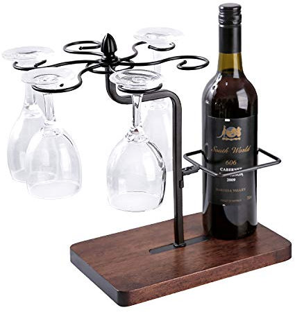 WW STYLE Porte-Verres et Porte-Bouteille de vin – Métal et Bois Massif, autoportant, 1 Bouteille + 6 Verres, décoratif, Cadeau, Anniversaire, Noël, Amateur de vin