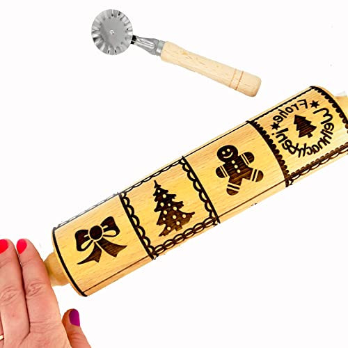 decoresca - Gemustertes Nudelholz für Weihnachten - mit Rezept und Umrandung - Holz Teigroller für selbstgebackene Kekse mit Gravur - Groß