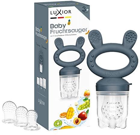 Luxior Fruchtsauger Baby Set night | Fruchtsauger für Baby + 3 Aufsätze | Schnuller zum Befüllen mit Obst, Gemüse, Brei & Baby Essen | Fruchtsauger Baby ab 3 Monate | BPA-freie Zahnungshilfe