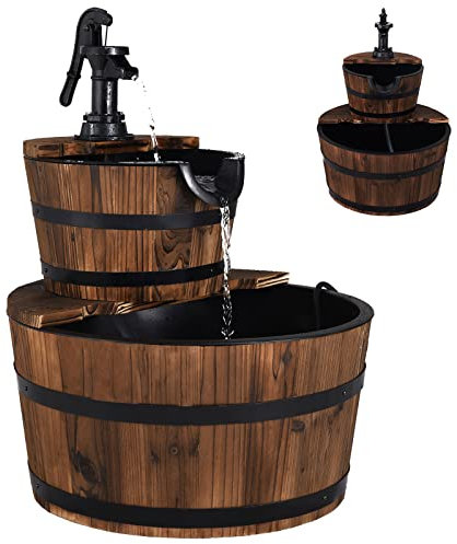 RELAX4LIFE Fontana da Giardino 2 Piani per Esterno, Fontana a Cascata in Legno di Abete con Pompa d'Acqua, Ideale per Giardino, Cortile e Terrazzo