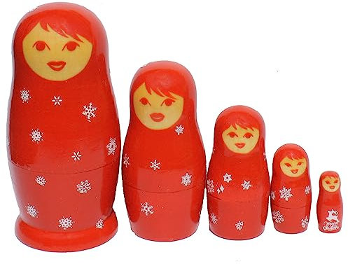 N_FROMM Matroschka Babuschka Matrjoschka Holzfiguren Weihnachten DEKO Set 5 Figuren rot (Schneeflocken)