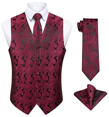 Enlision Gilet Bordeaux Homme Paisley Mariage Gilet de Cravate et Pochette Ensemble Classique Gilets Costume sans Manche pour Fête
