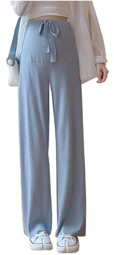 Pantalones casuales de maternidad para verano, pantalones de pierna ancha de seda de hielo para verano, pantalones rectos casuales sueltos delgados para verano, azul, L