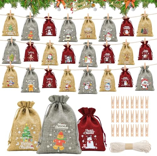 Adventskalender för fyllning 24 vinrött tryckt julkalender för fyllning, adventskalender väska stor 15 x 20 cm adventskalender själv med klämma adventskalender vuxna 2024 barn män