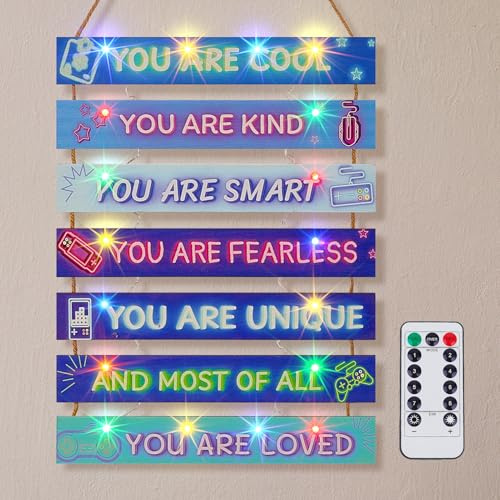 FIOBEE Girls Room Décor for Teen Girls Boys with LED Light Wall Decor for Bedroom Motivational Inspirational Wall Art Girl Room Decoration for Kids Studyroom, 8 Kinds of Lights, Blue Game