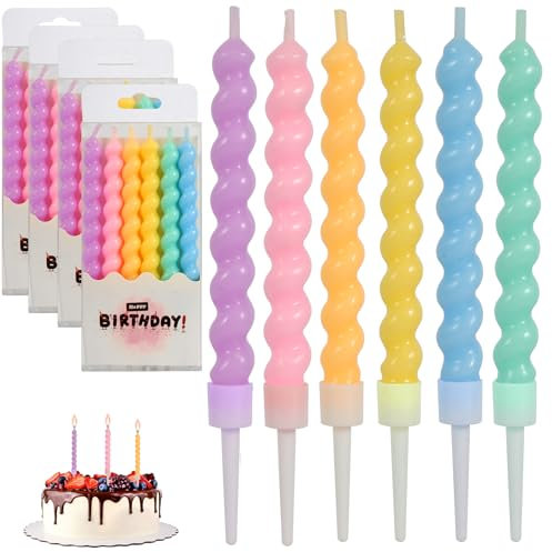 NVGVUP Geburtstagskerzen, mehrfarbig, Spiralkerzen, Kuchen, Geburtstagskerzen, mit Halterungen für Geburtstag, Party, Kuchendekoration, 24 Stück