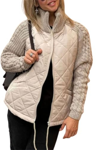 QKCQQTS Chaqueta Acolchada de Punto con Parches para Mujer, Chaqueta Acolchada de Punto con Parches para Mujer, Ropa de Abrigo acogedora para otoño e Invierno 2024 (2XL,Khaki)