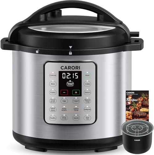 CARORI 1200W 12-in-1 Electric Pressure Cooker 8Qt, Stainless Steel Pressure Cooker, Slow Cook Rice Cooker Steamer Sauté, Yogurt Maker, Warmer & Sterilizer with Recipe, Safer Venting Design, Sliver