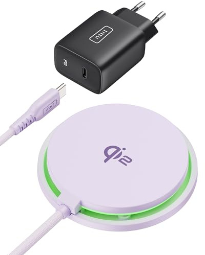INIU Induktionsladdare iPhone ljuslila, 15 W Qi2 certifierad snabbladdare kompatibel med laddare, trådlös laddare för iPhone 16 Pro 15 14 13 12 Plus, med USB-C-kabel och adapter ingår