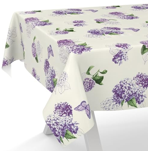 ANRO Nappe en toile cirée lavable, pour table de jardin, de forme ronde, ovale ou rectangulaire, 220 x 140 cm, bord coupé, fleurs lilas