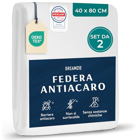 Dreamzie - Set di 2 Copricuscini Antiacaro - Copri Cuscino Letto 40x80 cm per Persone Allergiche - Federa Antiacaro Anallergico Certificato Lavabile a 95°C