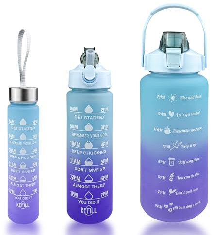 Noxtioanip 3 Pièces Gourde Sport 2L, 800ml, 300ml, Bouteille D'eau Motivante avec Marquages de Temps, Gourde Graduée Anti Fuite, Sans BPA, pour Sport, Voyages, L'école, Bureau, Maison (Bleu Violet)