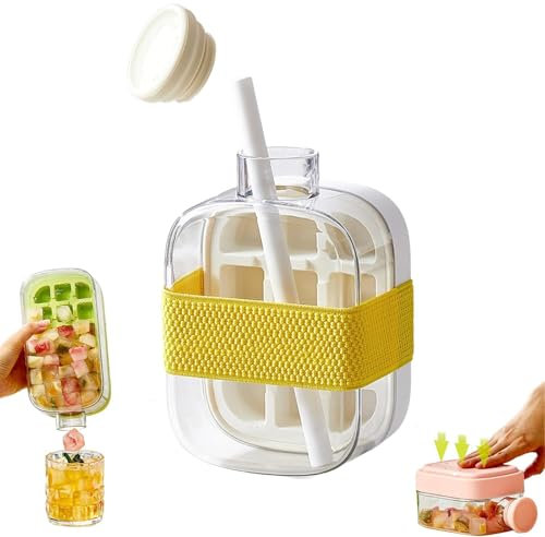 Ice Cube Bottle with Straw - 2 in 1 Water Bottle Ice Cube Tray,Water Bottle with Lid and Container, with Straw & Tie, Perfect for Ice Cubes, Beverages, Easy Fill Stackable(500 Ml-White)