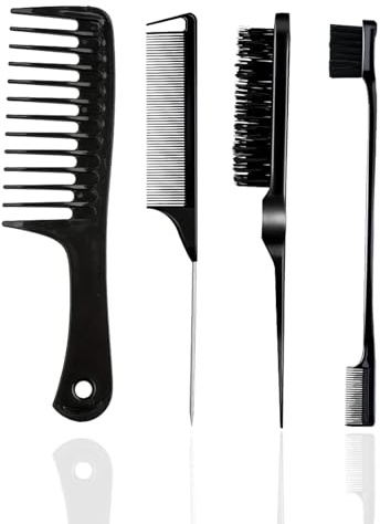Flomiara 4 Pieces Hair Styling Comb Set, Double Sided Edges Brush, Teasing Hair Brush Rat Tail Comb, Combs for Women, Edge Control, Plastic Bristle, for Home, Hairdressers, Black