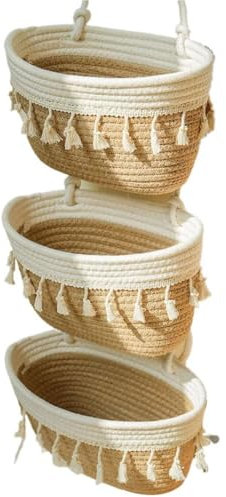 Cesta colgante tejida de 3 niveles montada en la pared, cesta colgante decorativa, extraíble, armario de almacenamiento