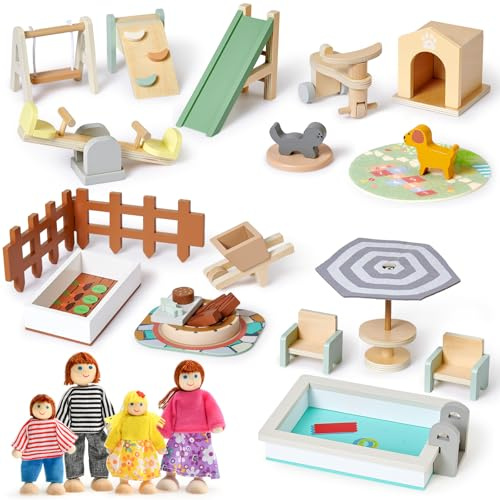Atoylink 26 Pièces Ensemble de Meubles en Bois pour Maison de Poupée Comprenant 4 Figurines, des Meubles Miniatures et des Accessoires Un pour Les Enfants de 3 4 5 6 Ans