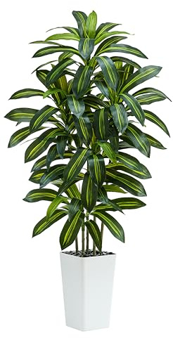 TNGGNT Artificial Dracaena Tree：5FT Faux Silk Tropical Yucca Floor Trees Realistic Fake Green Plant with Natural Wood Trunk & Lifelike Leaves for Home Office Decor Indoor & Outdoor (5FT,1-Pack,White)
