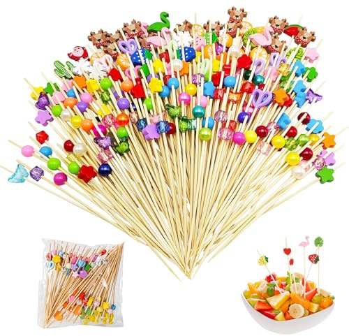 Thapncow 200 Piezas Palillos Decorativos para Aperitivos, Varillas de Cóctel Pinchos 12 cm, Brochetas de Bambú para Frutas, Decoración de Fiesta de Frutas, Incluye Corazón, Fruta, para Fiesta, Niños