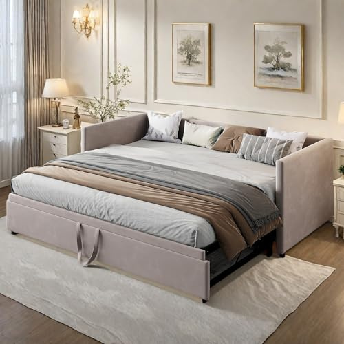 DAHUEN Schlafsofa 90/180x200 cm, Ausziehbett, 2-Sitzer Sofa mit Schlaffunktion, Sofabett Ausziehbar zum Doppelbett, Funktionsbett, Gästebett klappbar, Mit Lattenrost, Samtstoff (Grau, 90/180x200cm)