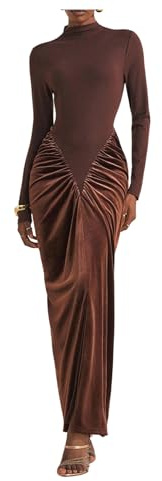 Milumia Women's Elegant Long Sleeve Velvet Maxi Dress Mock Neck Ruched Bodycon Cocktail Party Dresses Brown Large