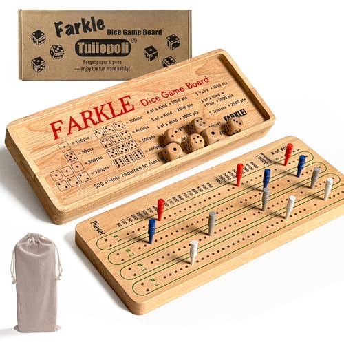 Tuiiopoli Farkle Dice Scoreboard Set, Paper& Pens- Free Design 4 Sets of Colored Player Pegs 6 Wooden Dice for Game Night Party Travel (Standard Size)