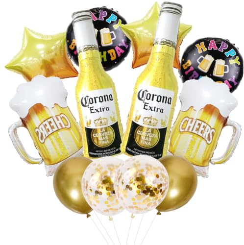 Koboko ölflask-ballongset, 12 stycken, guld, folieballonger med ölmugg, stjärnor och grattis på födelsedagen-motiv