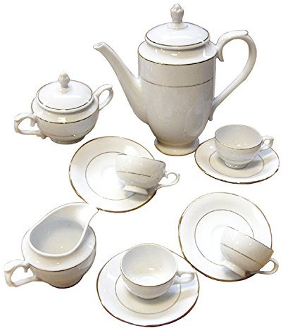 Juego de café para 12 porcelana blanca | 27 Piezas en total | Clásica decorada con filos dorados | Modelo BREMEN | Menaje Mesa