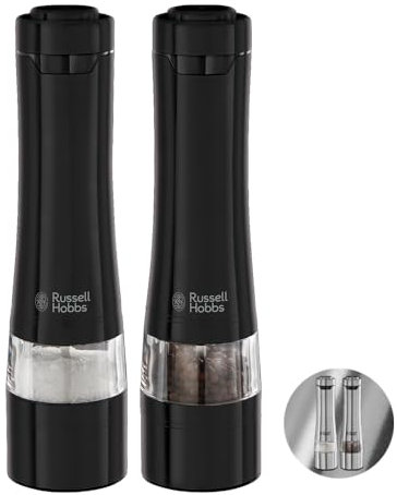 Russell Hobbs Macina Pepe, Macina Sale E Pepe Elettrico, Ceramica, Macina Da Fino A Grossolano, Illuminazione Led Alla Base, 2 Coperchi, A Batteria, 28010-56, Nero