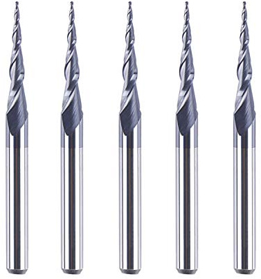 SpeTool 5Pcs Tapered Ball Nose Carving End Mill 1/8 inch Shank 0.25MM Radius (0.5MM Diameter) Tips 3D Woodworking Tool CNC Router Bits