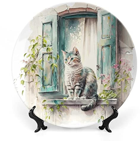 Gokays Piatti decorativi da appendere alla parete, gatto sulla finestra, piatto in ceramica, piatto oscillante con espositore, decorazione per la casa per mobili da cucina, vassoio rotondo da 18 cm