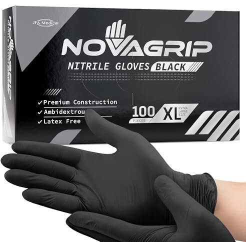 Novagrip JFA Medical Mechanic, Tattooist, Tattoo Disposable Powder Free Latex Free Black Nitrile Gloves - Box of 100 (Extra Large)