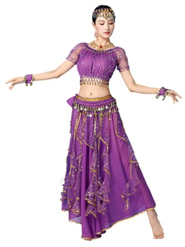 Bollywood Indian Womens Arabian lace Ribbon Belly Dance 3-Piece Dress Girl Costume (top/Skirt/Belt Scarf)