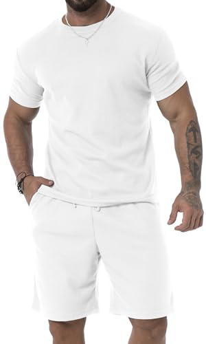 KUYIGO Men's Summer Casual Suit - Breathable Loose T-shirt & Shorts Set - White - M