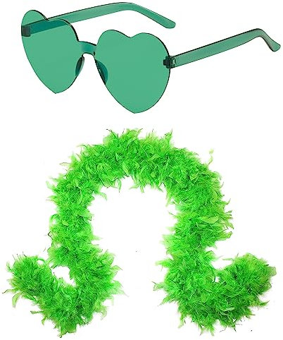 Federboa für Damen,2 M Federboa mit randloser Herzförmigen Sonnenbrillen Feder Boas Zubehör Flauschige Federboa DIY Kostümzubehör Für Mädchen Weihnachten Karneval Tanzen Hochzeitsfeier (Grün)