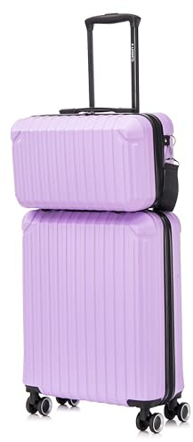 R.Leone Valigia Ryanair 55x40x20 cm+ 40x20x25 cm Set 2 Pezzi Trolley Bagaglio a mano 4 Ruote e Beauty Case in ABS 2208 (Lilla, Set 2 Pezzi S+XS)
