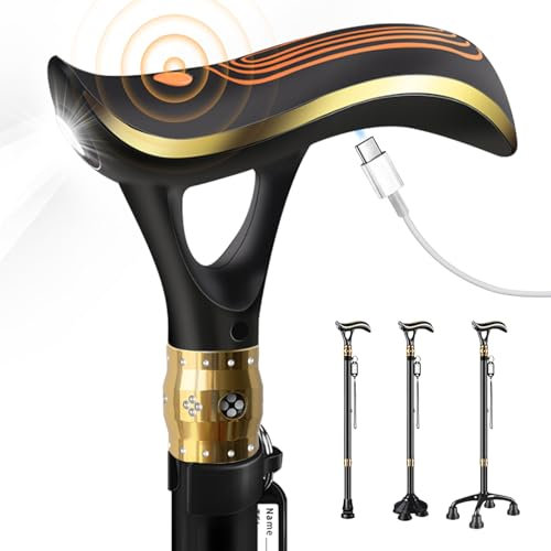 ispuoocti Multifunktions-Gehstock Herren und Ddamen mit Alarm- und LED Licht- Beleuchtungsfunktion, Aausgestattet mit 3 Verschiedenen Sockeltypen, Hochwertige Gehstöcke für Senioren (Black)