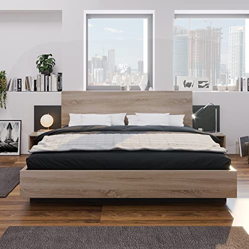 Sapgaks Lit 160x200 avec Sommier et 2 Tables de Chevet, Lit Coffre 160x200 avec Tete en Chêne, Double avec à Lattes 2 Personnes, Cadre de Bois (sans Matelas)