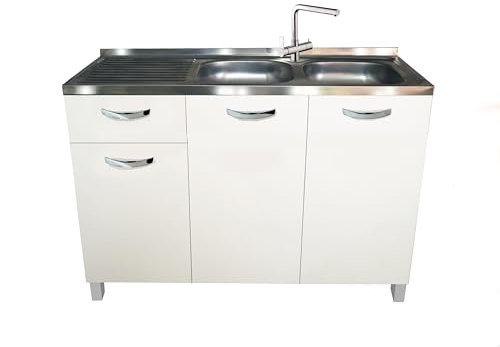 MABEL Mueble bajo fregadero de cocina con cajón blanco, organizador de madera ennoblecida con fregadero de apoyo de acero, bañeras a la derecha con escurridor – L 120 cm x P 50 cm x H 83,5 cm