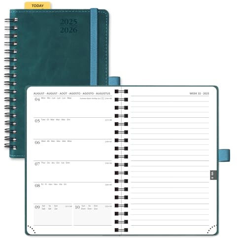 POPRUN Academic 2025-2026 Pocket Diary A6 Week to View Spiral Bound PU Leather Soft Cover 16 x 10.5 cm - 25/26 Mid Year Small Weekly Planner & Notebook in One (Peotrol Green)