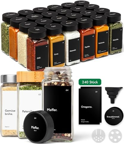 KIVY Lot de 24 pots à épices vides avec bac à saupoudrer [24 x 120 ml] + 240 étiquettes étanches – Bocaux à épices carrés hermétiques – Noir