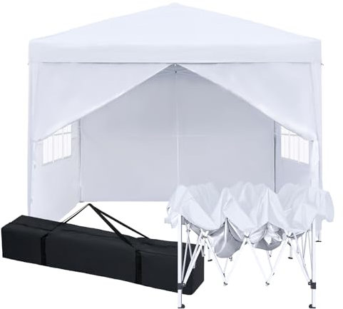 Cenador Pabellón de Jardín,Carpa Plegable 3x3m para Jardín con 4 Paredes Laterales、Bolsa de Transporte,Impermeable Gazebo,Pabellón de Jardín,Altura Ajustable,UV50+,Carpas para Exteriore、Camping,Blanco