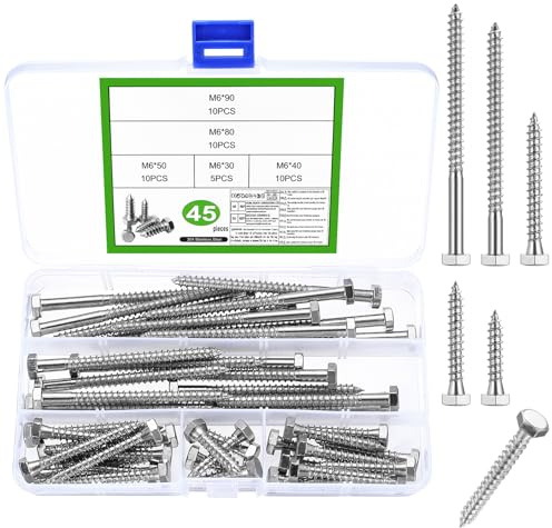 45 Pz M6 Viti Autofilettanti a Testa Esagonale, Vite Esagonale M6 in Acciaio Inossidabile, Viti Autoperforanti per Legno Metallo(30/40/50/80/90mm)