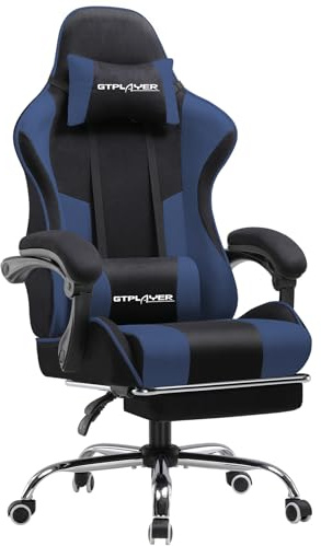 GTPLAYER Fabric Gaming Chair, Massage Ergonomic Computer Chair with Footrest, Lumbar Support, Headrest, Height Adjustable Home Office Reclining PC Racing Chairs Blue