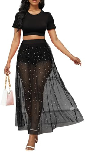 GWAWG 2 in 1Mesh Black Glitter Maxi Skirt,Women's Sexy 2 in 1 Sheer Mesh Shorts,Sequins See Through Ruffle Maxi Skirt Beach Skirt for Party (UK, Alpha, XL, Regular, Regular, Black)