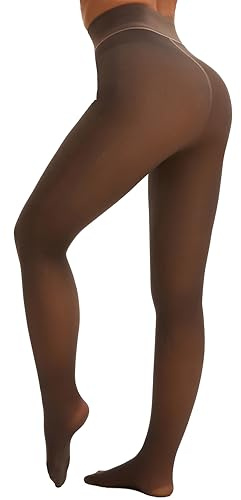 HeyUU Fleece Lined Tights for Women, Thermal Fake Translucent Winter Tights, Women’s Thick Pantyhose with Warm & Soft fleece Brown_M