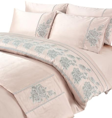 L S U Luxury Embroidered Duvet Cover Set with Pillowcases, Rose Floral Design, Pink and Silver (Pink, Double)