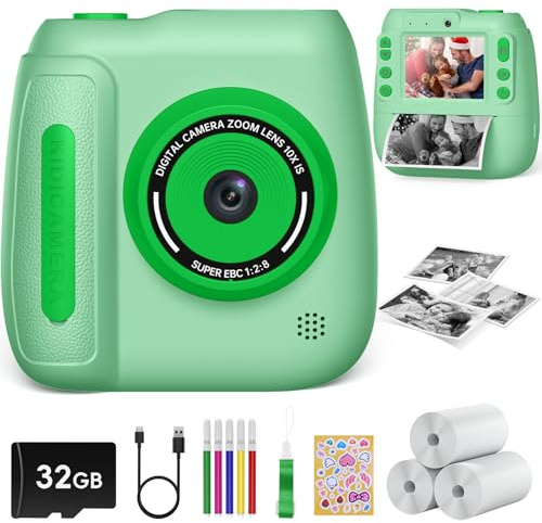 Hangrui Macchina Fotografica Bambini Istantanea, 2,4 Pollici 1080P Fotocamera Digitale Bambini con 32GB Scheda & Papier Photo, Videocamera Fotocamera Digitali per Ragazze Ragazzi da 3-9 Anni-Verde