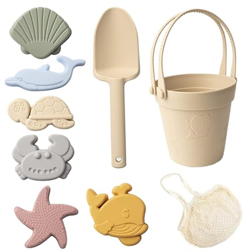 8 Piezas de Juguetes de Arena para niños Juguetes de Playa de Silicona Seguros con Cubo de Pala y Moldes de Arena Caja Impermeable para Viajes Verano al Aire Libre Beige Playa para niños pequeños
