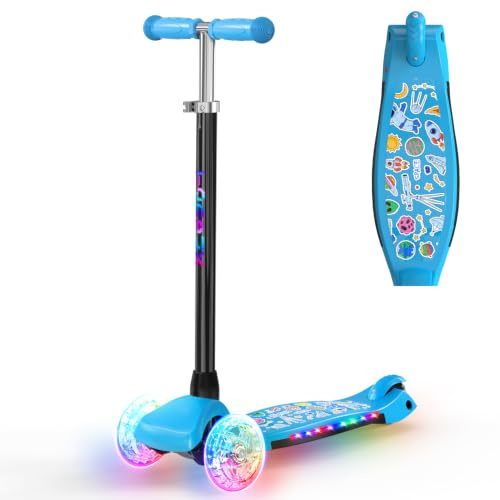 TONBUX Patinete Niño de 3 a 8 años, Patinete Niño con Columna, Ruedas y Bandeja Luminosa, Bandeja Metálica Reforzada, Altura Ajustable 65 – 80 cm, Freno Trasero Sensible, Lean to Steer Design