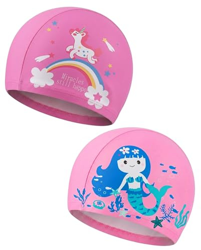 ZAMXHUG Gorros de Natación para Niños 2 Gorros de Piscina Divertida Baño, Nadar Niños para Pelo Largo y Corto, gorro piscina niña (Rosa)